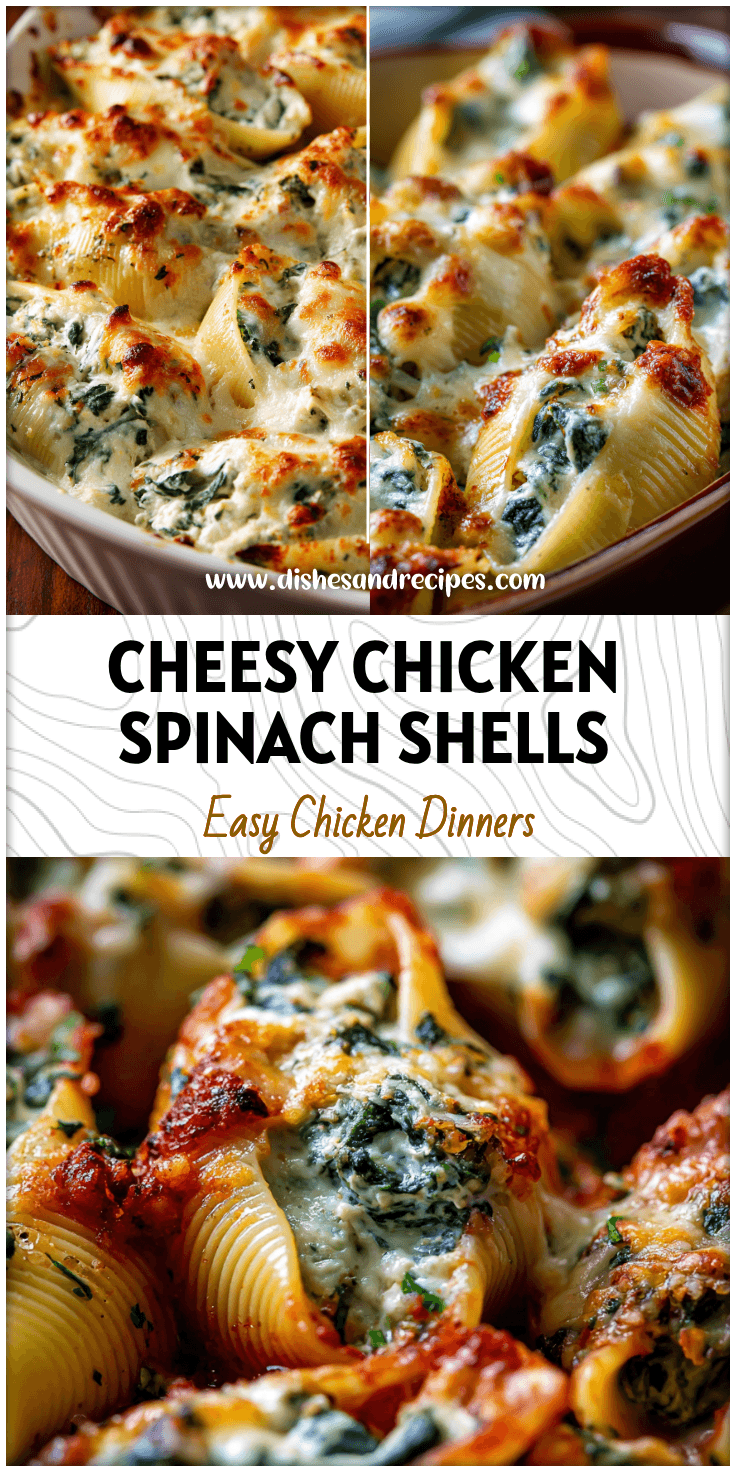 Baked Chicken Spinach Stuffed Shells topped with melted cheese and spinach filling in a casserole dish